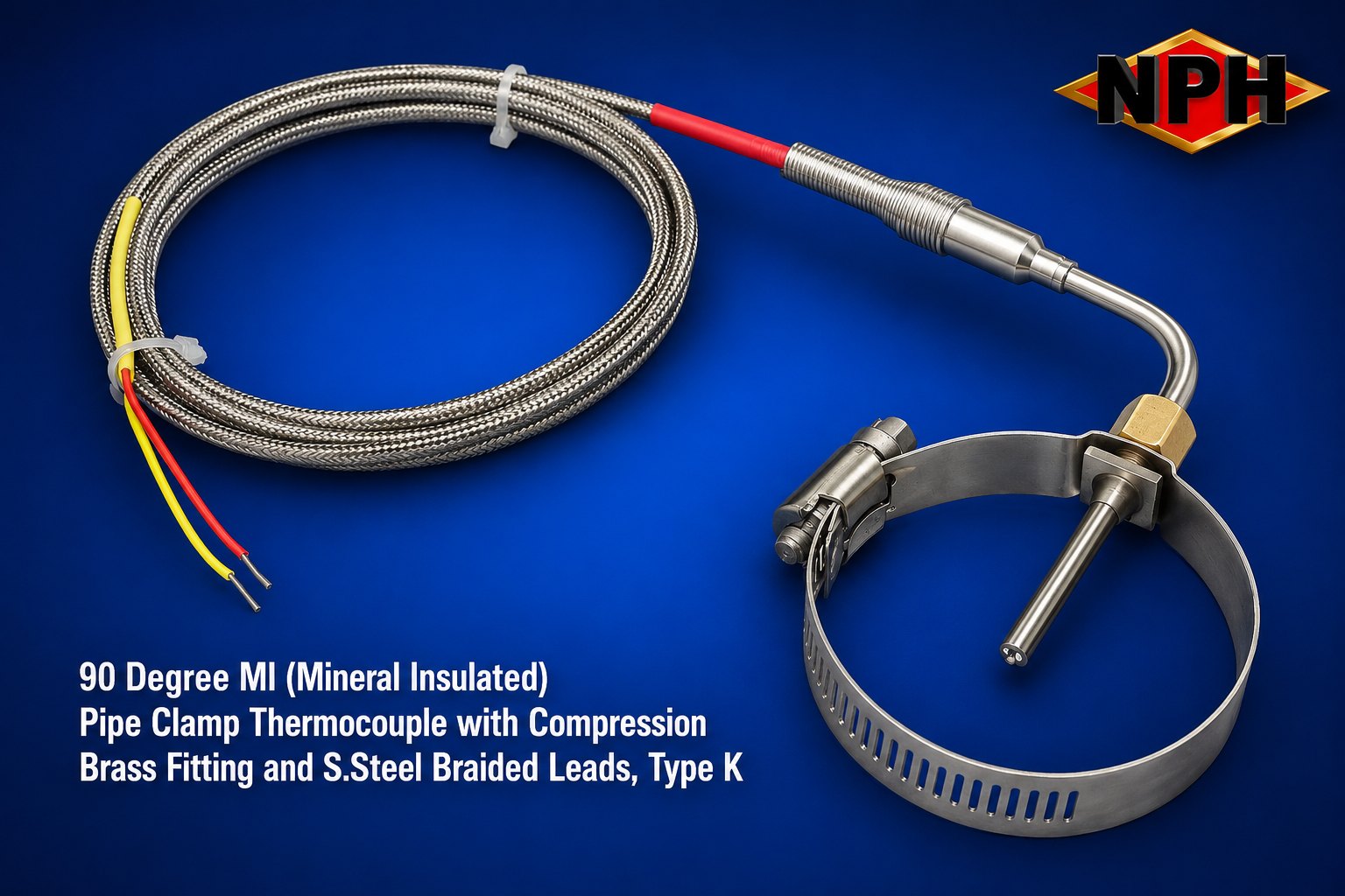 90 Degree Mineral Insulated Pipe Clamp Thermocouple with Compression Fitting, Type K